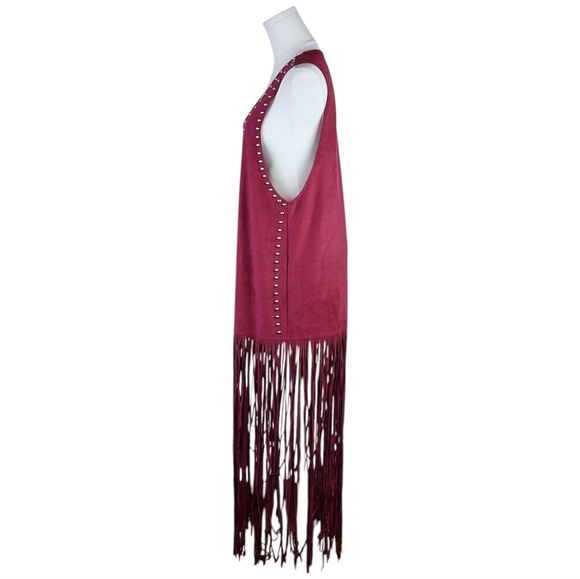 Crazy Train Burgundy Fringe Vest OS Studded Western Festival Rodeo Duster - Picture 6 of 8